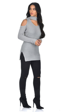 Grey Cold Shoulder Choker Jumper
