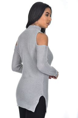 Grey Cold Shoulder Choker Jumper