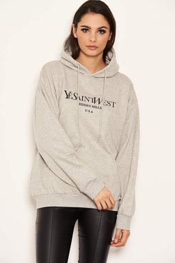 Grey Slogan Printed Hoody