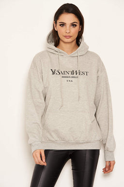 Grey Slogan Printed Hoody