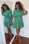 Green Abstract Print Puff Sleeve Dress