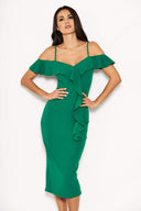 Green Cold Shoulder Frill Detail Midi Dress