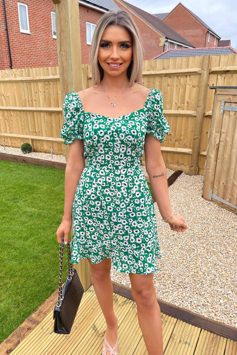 Green Floral Print Milkmaid Neckline Dress