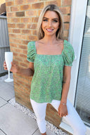 Green Floral Square Neck Top