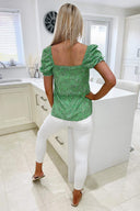 Green Floral Square Neck Top