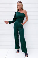 Green One Shoulder Puff Sleeve Jumpsuit