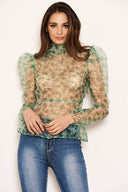 Green Organza Puff Sleeve Top