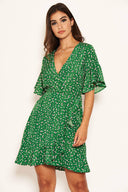 Green Patterned Wrap Frill Mini Dress