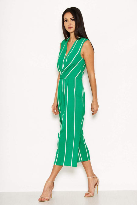 Green Pin Striped Culotte Jumpsuit