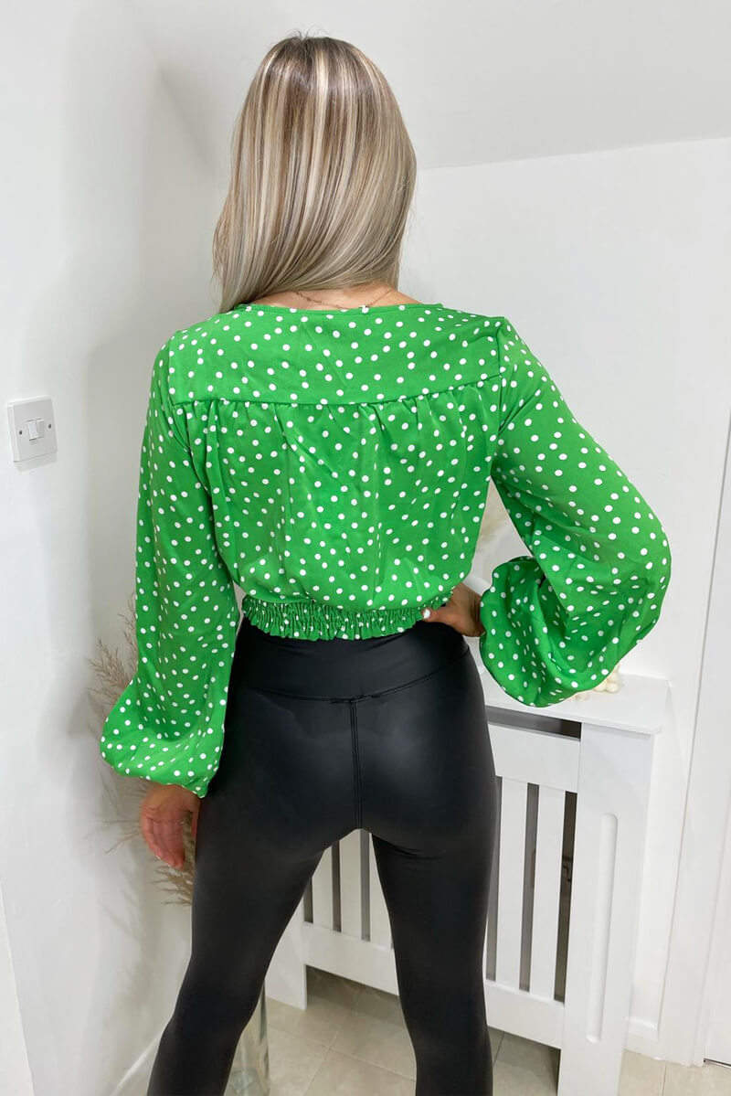 Green Polka Dot Front Knot Crop Top