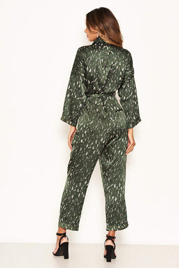 Green Printed Button Up Jumpsuit