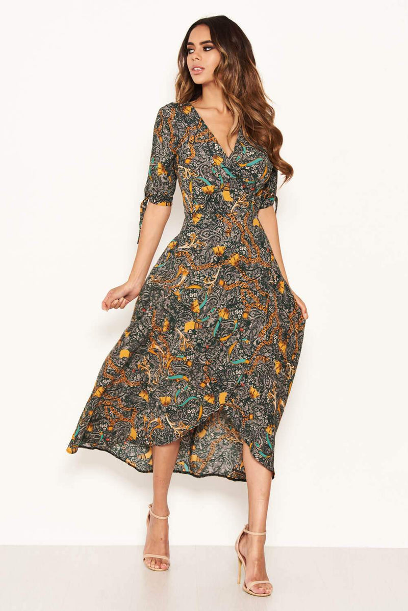 Green Printed Wrap Midi Dress With Tie Sleeves
