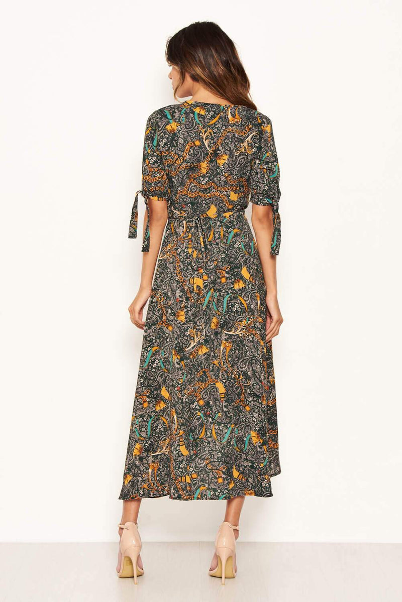 Green Printed Wrap Midi Dress With Tie Sleeves