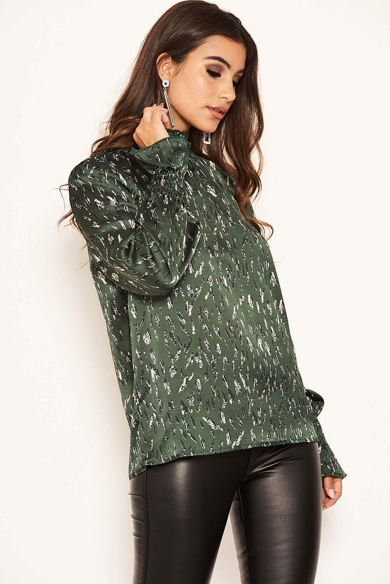 Green Printed High Neck Top