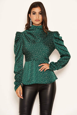 Green Spotty Puff Sleeve Top