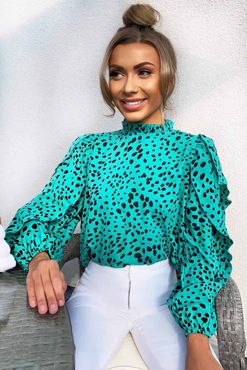 Green Spotty Frill Sleeve Top