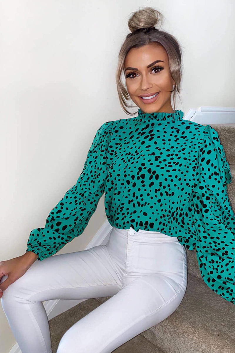 Green Spotty Frill Sleeve Top