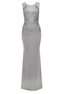 Grey Floor Length Fitted Dress With Lace Detail