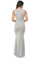 Grey Floor Length Fitted Dress With Lace Detail