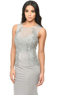 Grey Floor Length Fitted Dress With Lace Detail