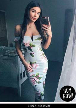 Grey Floral Notch Front Bodycon Dress
