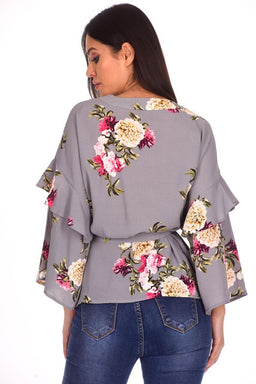 Grey Floral Print Wrap Top