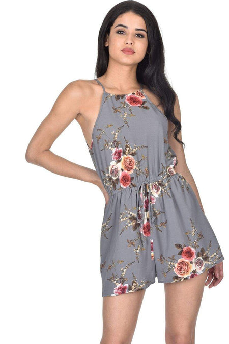 Grey Floral Printed Playsuit
