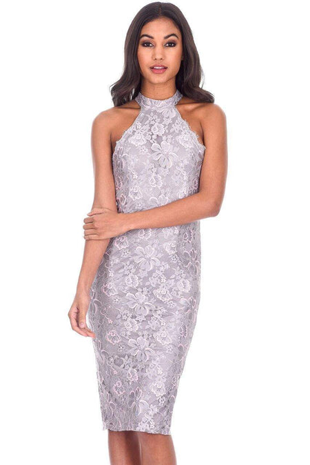 Grey Lace Cut In Neck Midi Dress