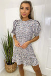 Grey Multi Abstract Pleat Sleeve Dress