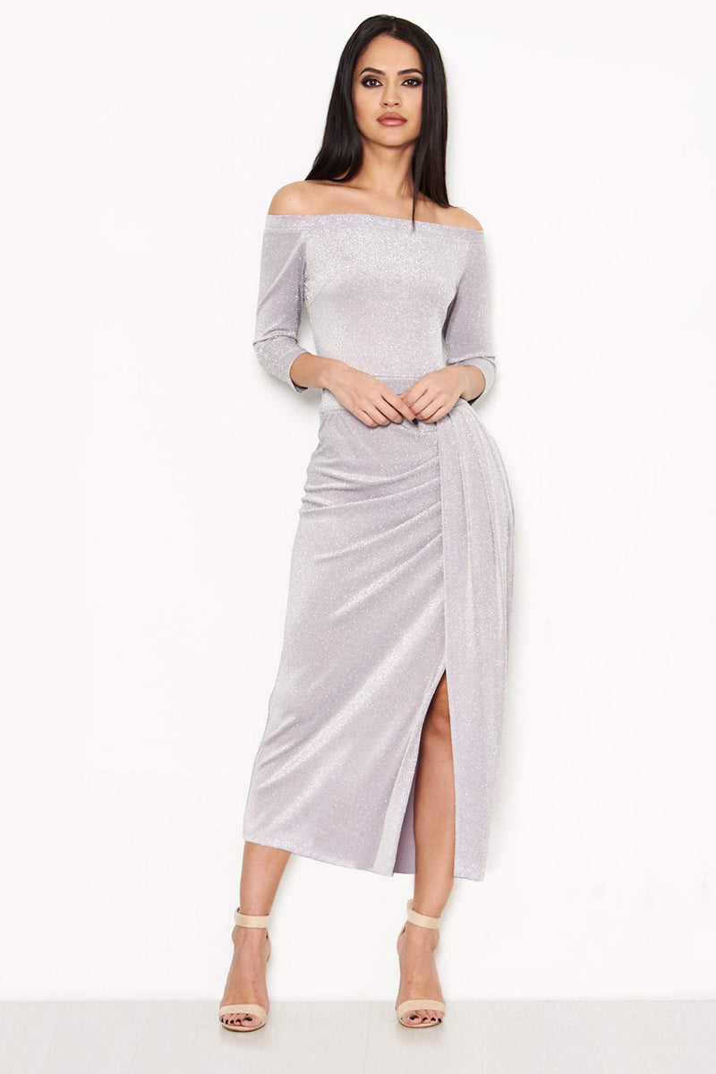 Grey Off Shoulder Wrap Front Sparkle Dress