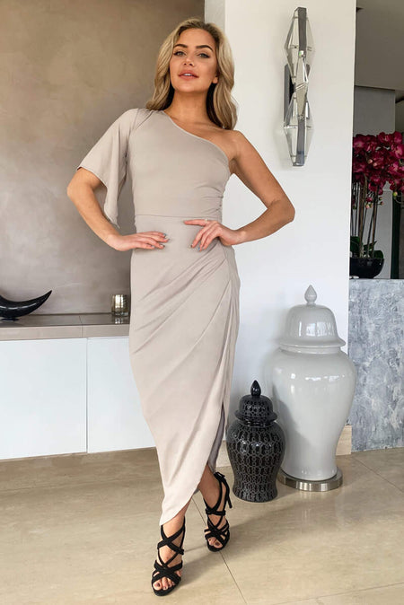 Grey One Shoulder Asymmetric Split Dress