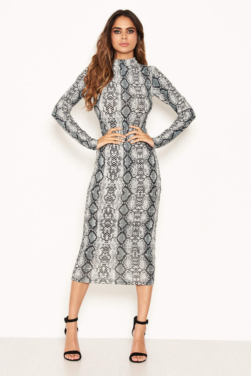 Grey Snake Print Bodycon Midi Dress