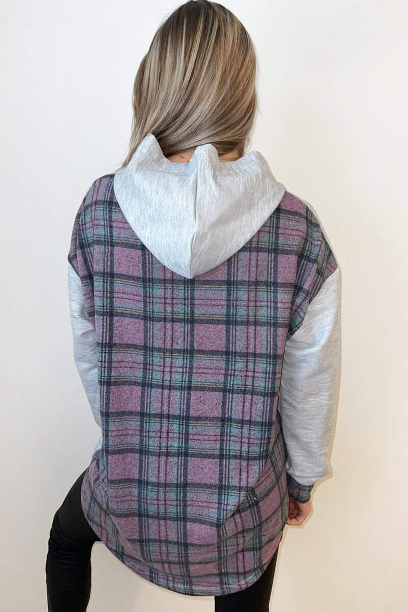 Grey Soft Touch Pink Checked Back Hoodie