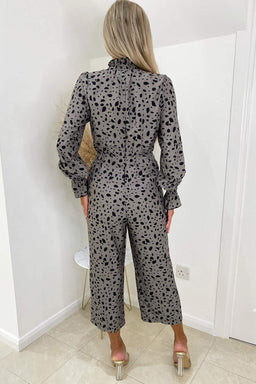Grey Spot Printed High Neck Long Sleeve Jumpsuit