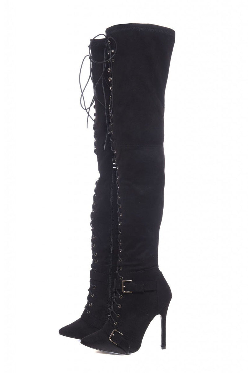 Lace Up Buckled Knee High Boots