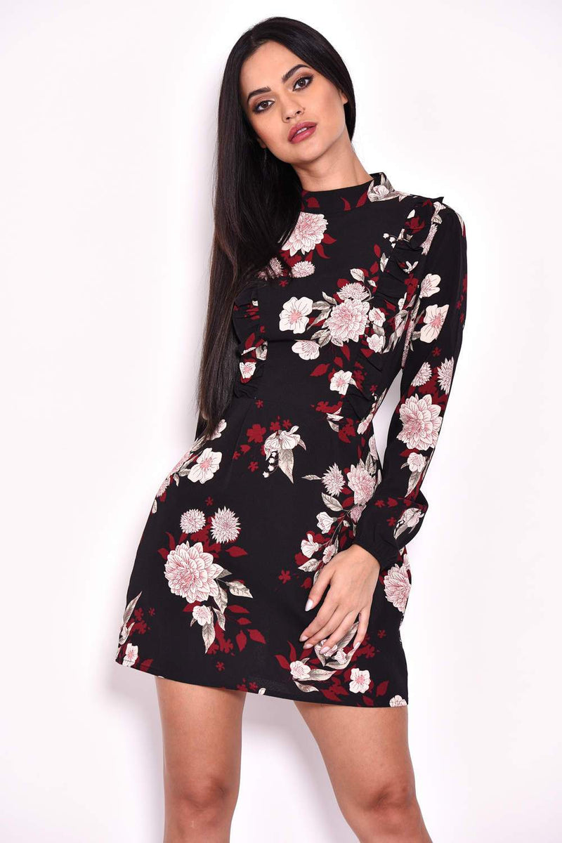 High-Neck Black Floral Mini Dress
