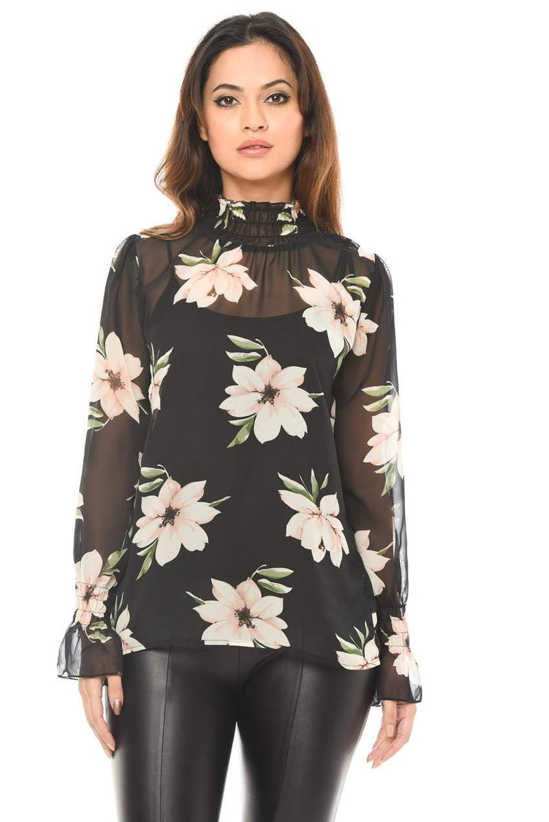 High Neck Floral Chiffon Top