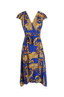 Blue and Gold Patterned Wrap Over Tie Waist Belt Dress