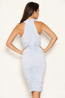 Ice Blue High Neck Ruched Bodycon Midi Dress
