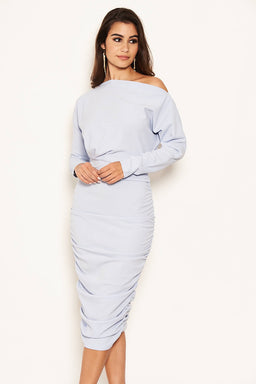 Ice Blue Off Shoulder Ruched Dress