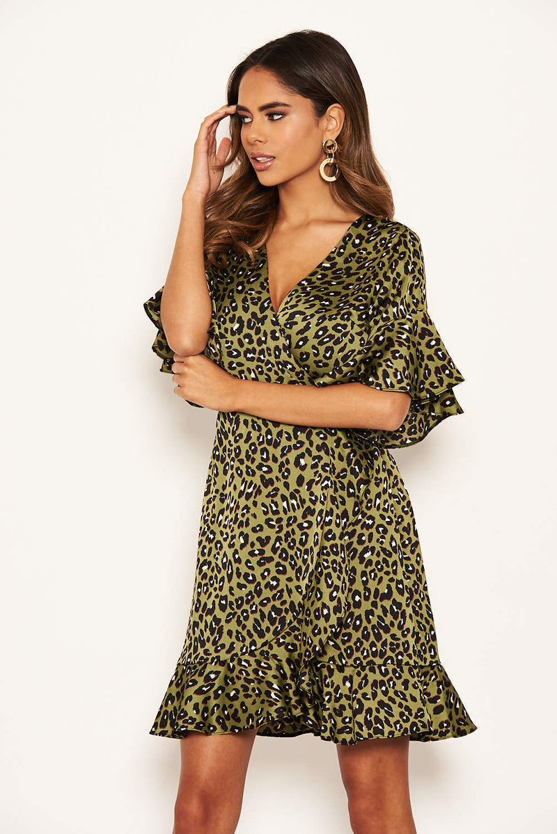 Khaki Leopard Print Full Wrap Mini Dress