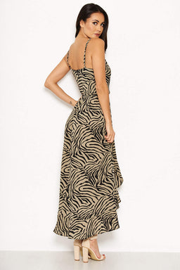 Khaki Animal Print Frill Hem Dress