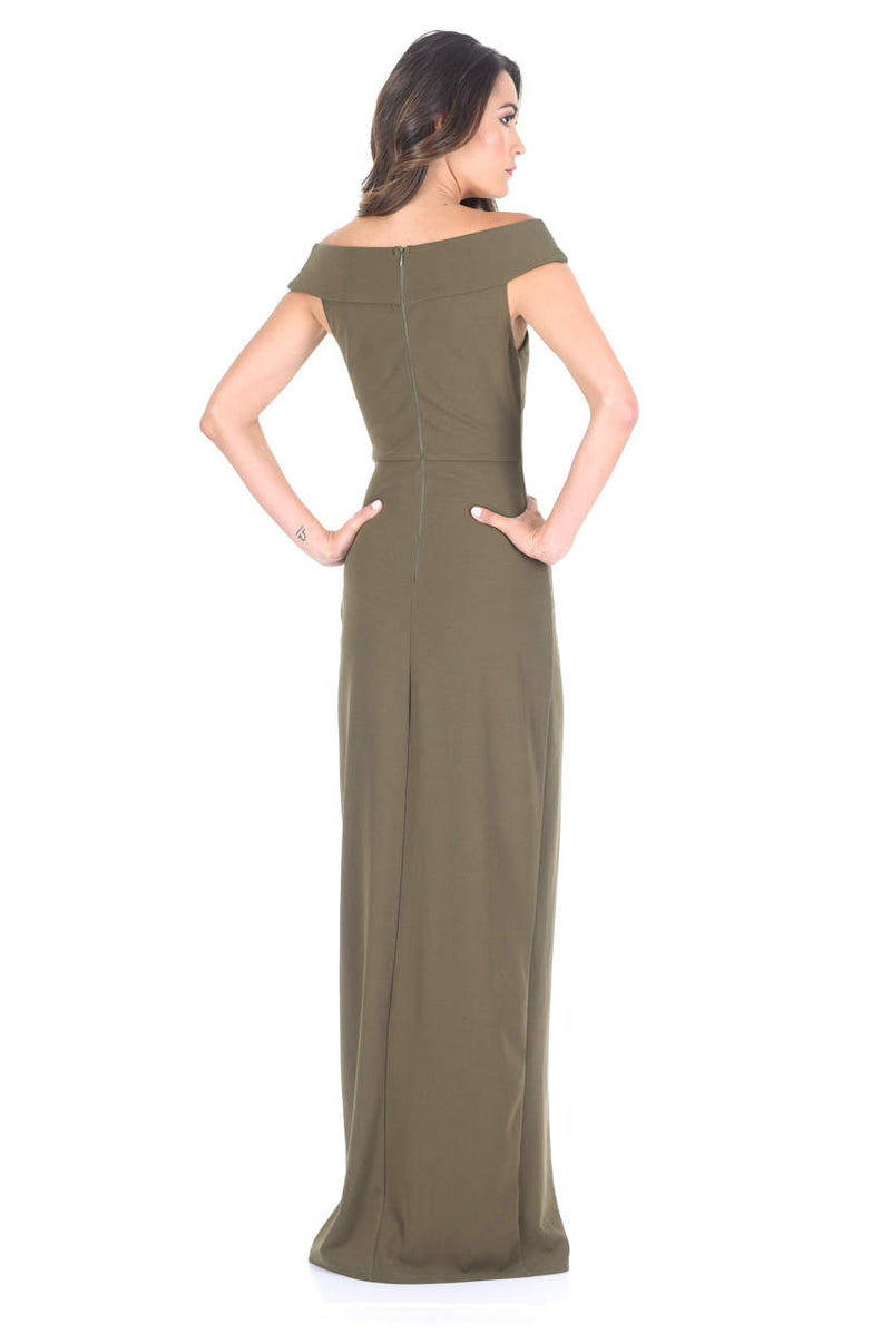 Khaki Cross Front Bardot Maxi Dress With Thigh High Split