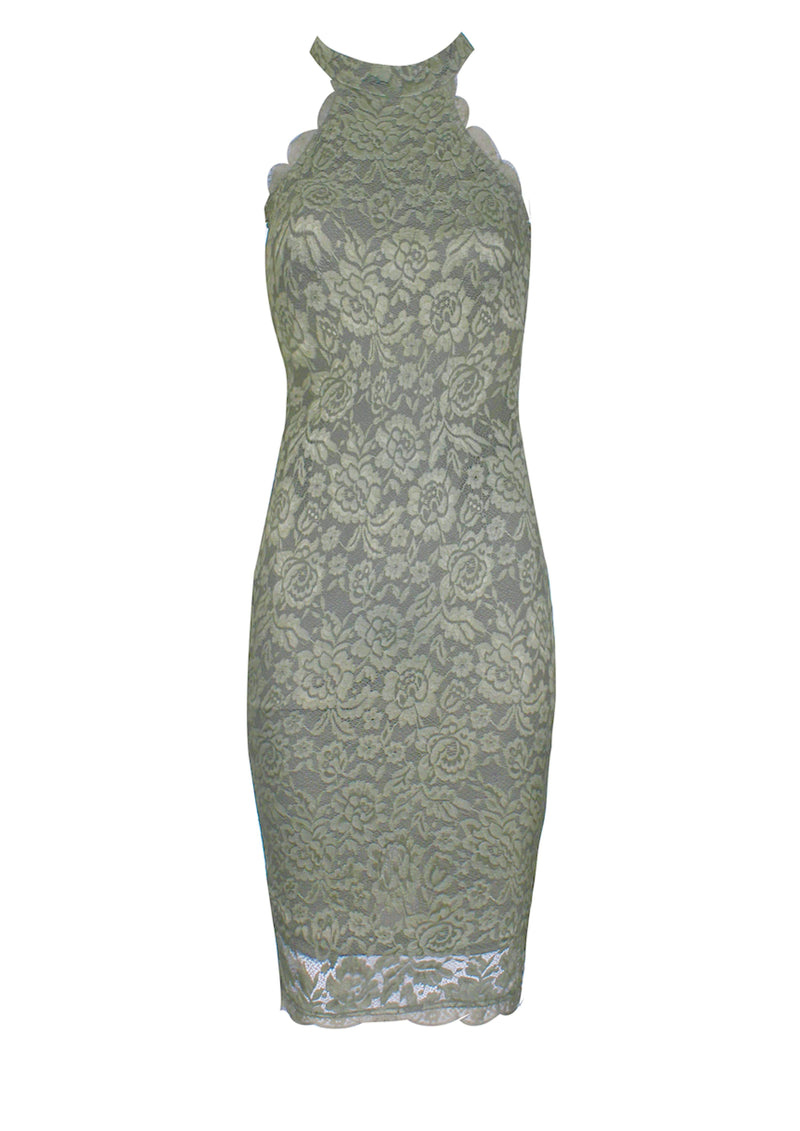 Khaki Cut In Neck Detail Lace Midi Dress