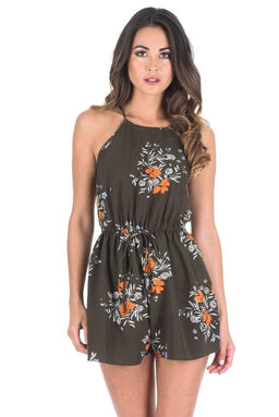 Khaki Floral Print Playsuit