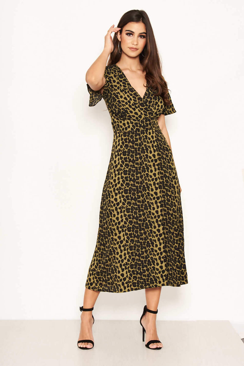 Khaki Leopard Print Wrap Midi Dress