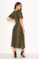 Khaki Leopard Print Wrap Midi Dress