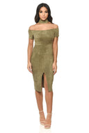Khaki Off The Shoulder Choker Dress With Capped Sleeves