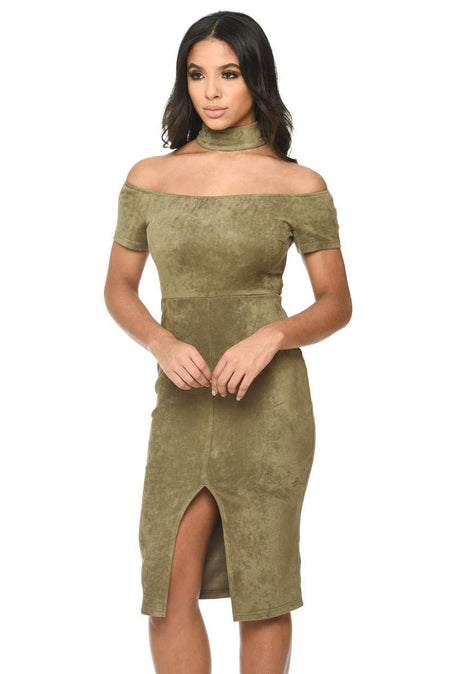 Khaki Off The Shoulder Choker Dress With Capped Sleeves