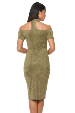 Khaki Off The Shoulder Choker Dress With Capped Sleeves